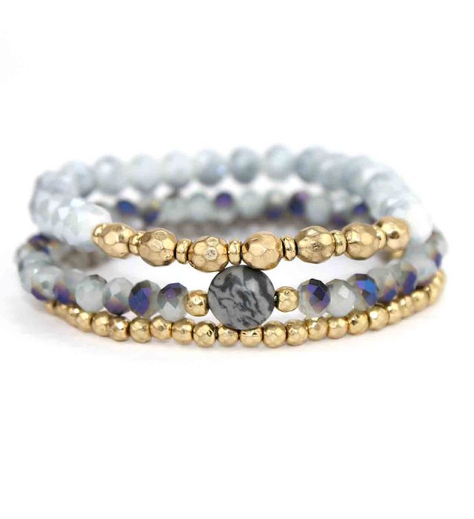 Iridescent Blue Grey Crystal With Gold Stone Bracelet Set Of 3